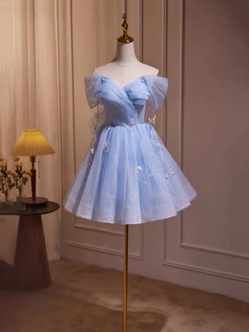 Tulle Short A-Line Butterfly Pearls Blue Homecoming Dress