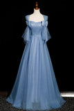 Sweetheart Bow A Line Tulle Blue Prom Dress