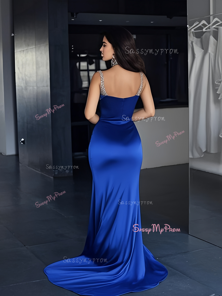 Sheath V Neck Criss Cross Dark Navy Pleated Satin Prom Dresses LBQ2279 main image 1