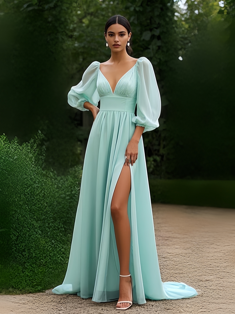Mint Green A Line Long Sleeve Chiffon Prom Dress With Slit US10 / As the picture Mint Green A Line Long Sleeve Chiffon Prom Dress With Slit US10 / As the picture