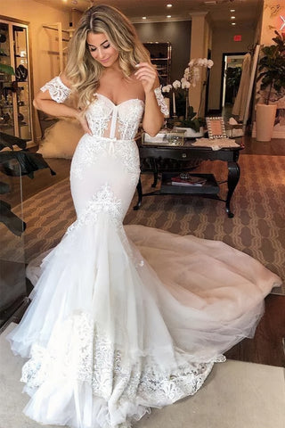 Lace Trumpet Mermaid Sweetheart Short Sleeve Wedding Dress