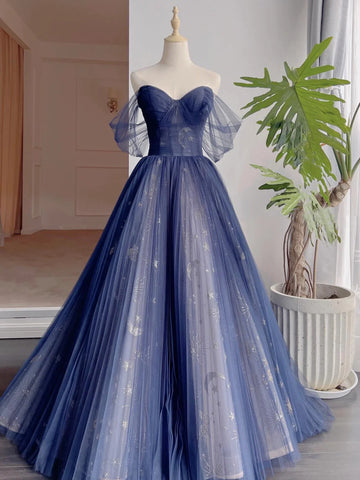 Blue Tulle Star Print Off the Shoulder Prom Dress