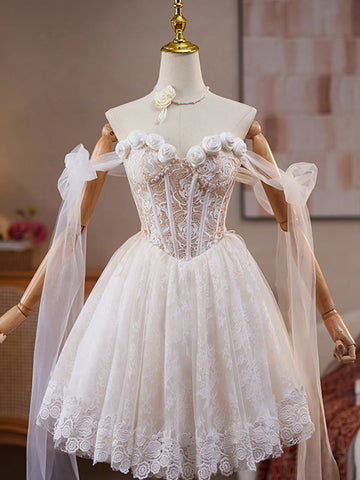 Flower Pearl Short Ivory Lace Homecoming Dress