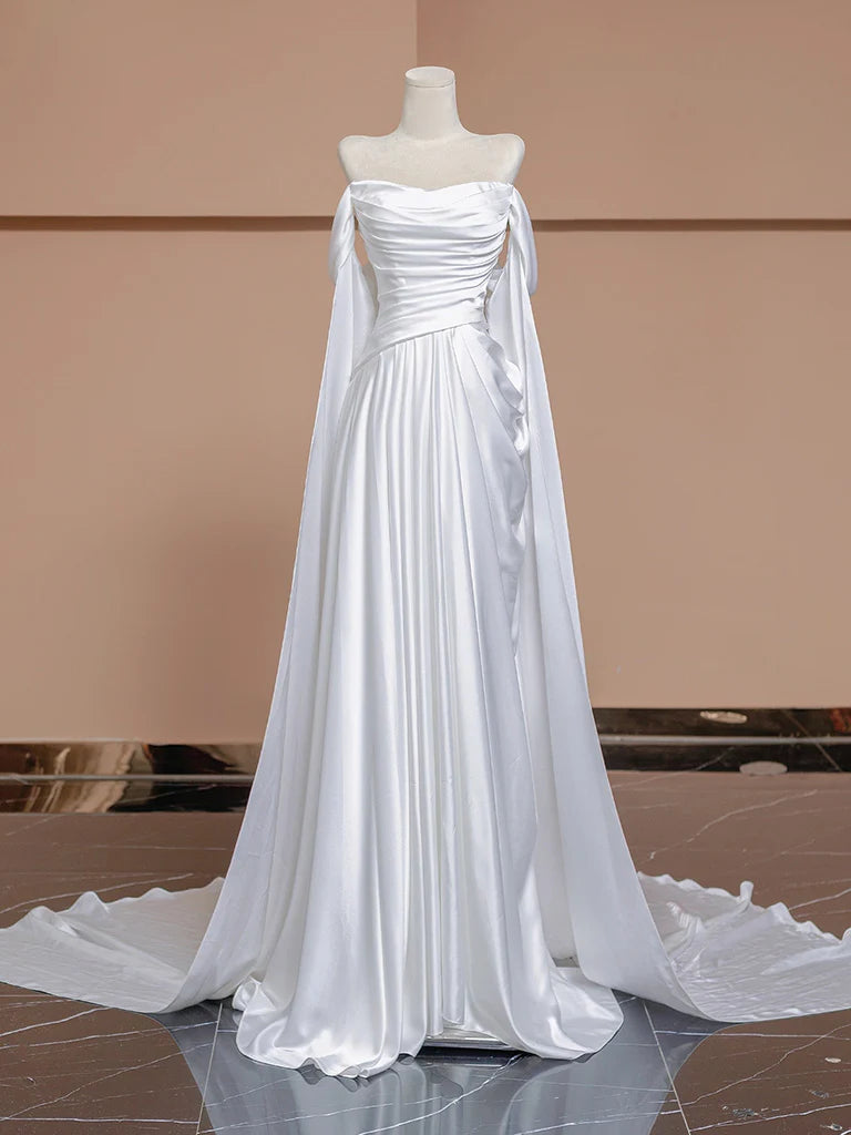 White Satin Ruched Shawl A-Line Wedding Dress US6 / White White Satin Ruched Shawl A-Line Wedding Dress US6 / White