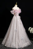 Floral Off The Shoulder Pink Tulle Sequins A Line Prom Dress