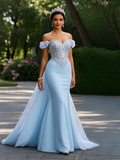 Off The Shoulder Trumpet Mermaid Blue Detachable Train Prom Dress