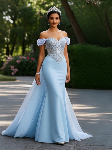 Off The Shoulder Trumpet Mermaid Blue Detachable Train Prom Dress