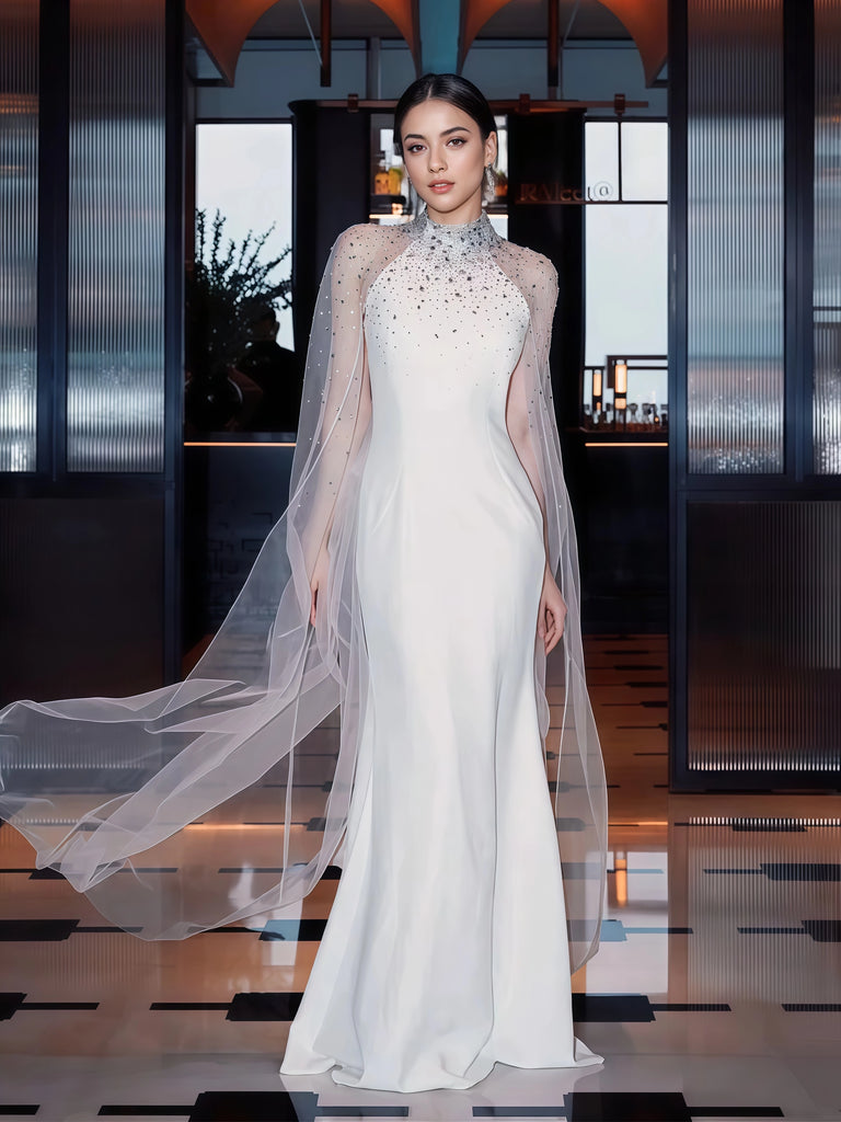 trumpet mermaid high neck dress Prom Dress 2026 Mermaid Champagne Chiffon Applique High Neck Long