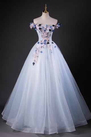 Off The Shoulder A Line White Flower Floral Prom Dress