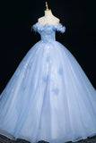 Long Floral Off The Shoulder Blue Tulle Lace Prom Dress
