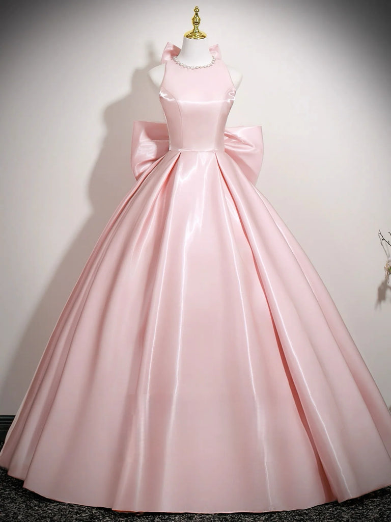 A Line Pink Satin Bow Backless Pearls Scoop Prom Dress US2 / Pink A Line Pink Satin Bow Backless Pearls Scoop Prom Dress US2 / Pink