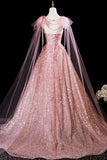 Tulle Sequins Pink Scoop A-Line Sparkle Prom Dress