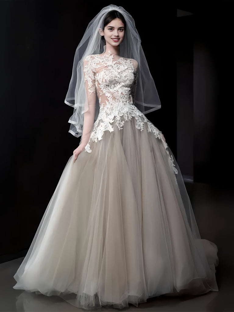 Long Sleeve Sheer Lace Beige A Line Wedding Dress US8 / As the picture Long Sleeve Sheer Lace Beige A Line Wedding Dress US8 / As the picture
