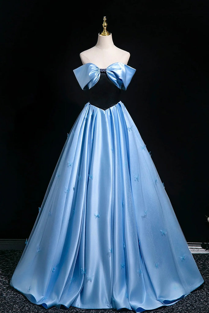 Off The Shoulder Satin Butterfly Blue A Line Prom Dress Sassymyprom Off The Shoulder Satin Butterfly Blue A Line Prom Dress Sassymyprom