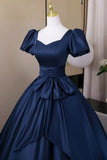 Short Sleeve A Line Navy Satin Bow Prom Dress