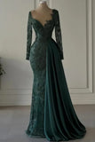 Long Dark Green V-neck Lace Long Sleeves Mermaid Prom Dress