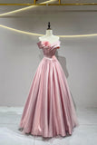 A-Line Satin Floor Length Flower Pink Prom Dress