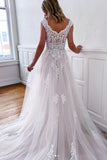 V Neck Lace Tulle A line Wedding Dress