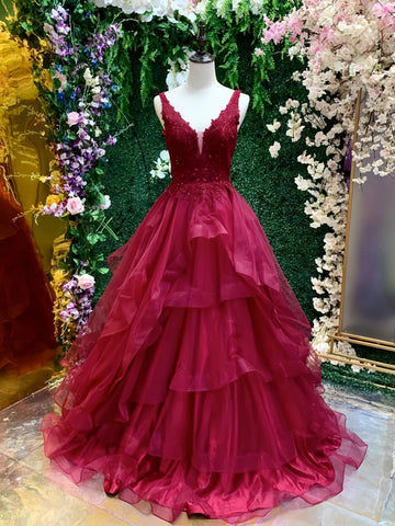 A Line Burgundy Ruffles Appliques Prom Dress