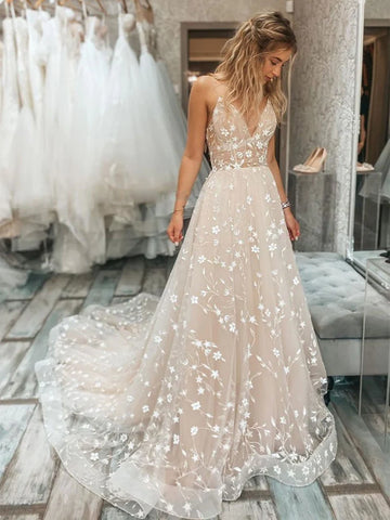 V Neck Appliques Champagne A Line Wedding Dress