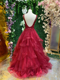 A Line Burgundy Ruffles Appliques Prom Dress