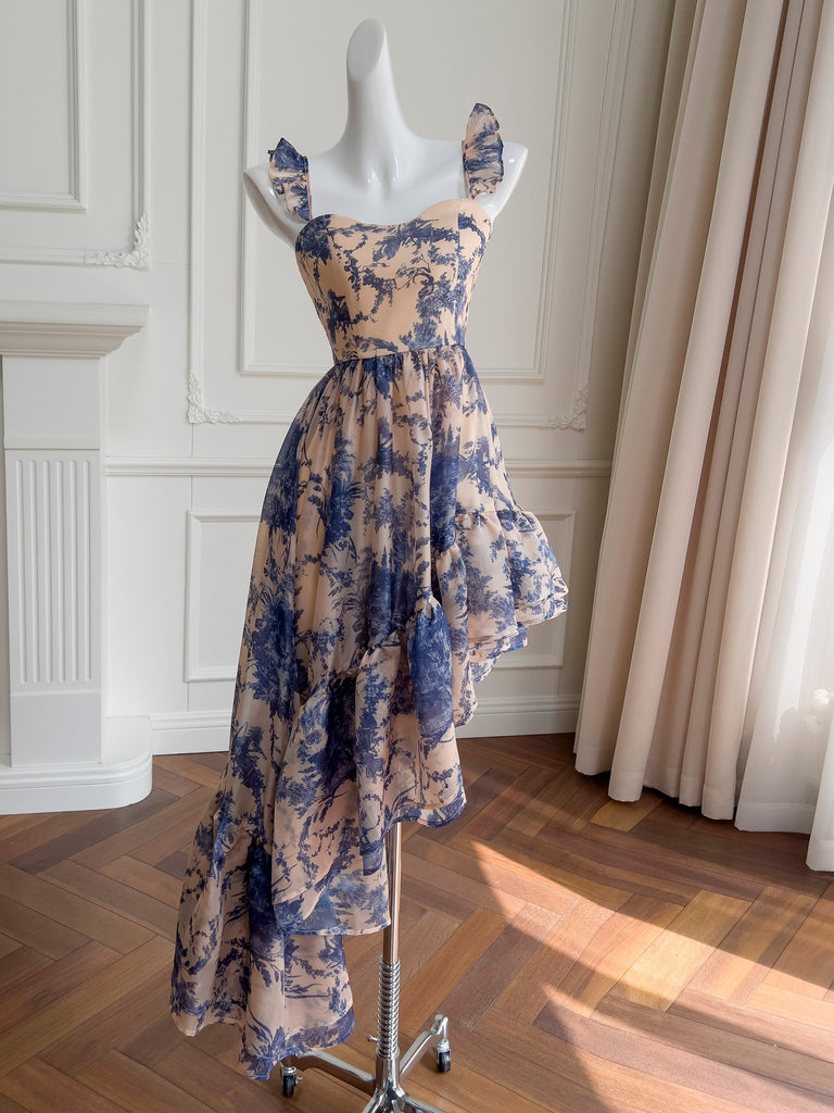 floral high low prom dress Yellow Strapless A Line Floral Chiffon Ruffled Prom Dresses With Beading, Periwinkle / 8