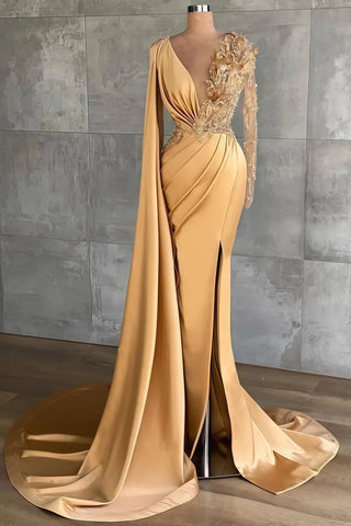 Long Sleeve V Neck Trumpet Mermaid Satin Gold Prom Dress
