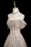 Champagne Tulle Sequins A Line Off The Shoulder Prom Dress