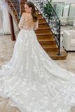 Open Back Long Sleeve Appliques A Line Sheer Wedding Dress