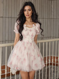 Short Sleeves Rose-Printed Mini Summer Dress