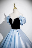 Off The Shoulder Satin Bow Blue A Line Prom Dress