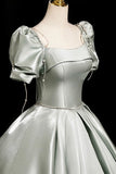 Satin A-Line Short Sleeve Gray Green Prom Dress