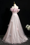 Floral Off The Shoulder Pink Tulle Sequins A Line Prom Dress