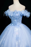 Long Floral Off The Shoulder Blue Tulle Lace Prom Dress