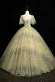 Square Puffy Sleeve Green Ball Gown Tulle Prom Dress
