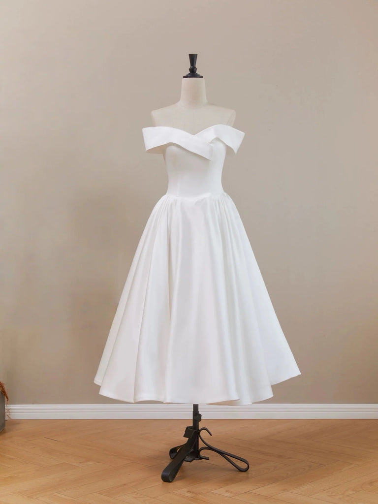 white off the shoulder tea length dress A-Line Satin Wedding Introducing our exquisite A 1950s Tea Length Wedding Dress