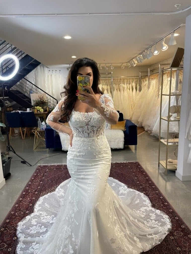 Tulle Lace Long Sleeve Mermaid Trumpet Wedding Bridal Dress