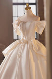 Off The Shoulder Satin Flower A Line White Wedding Dress