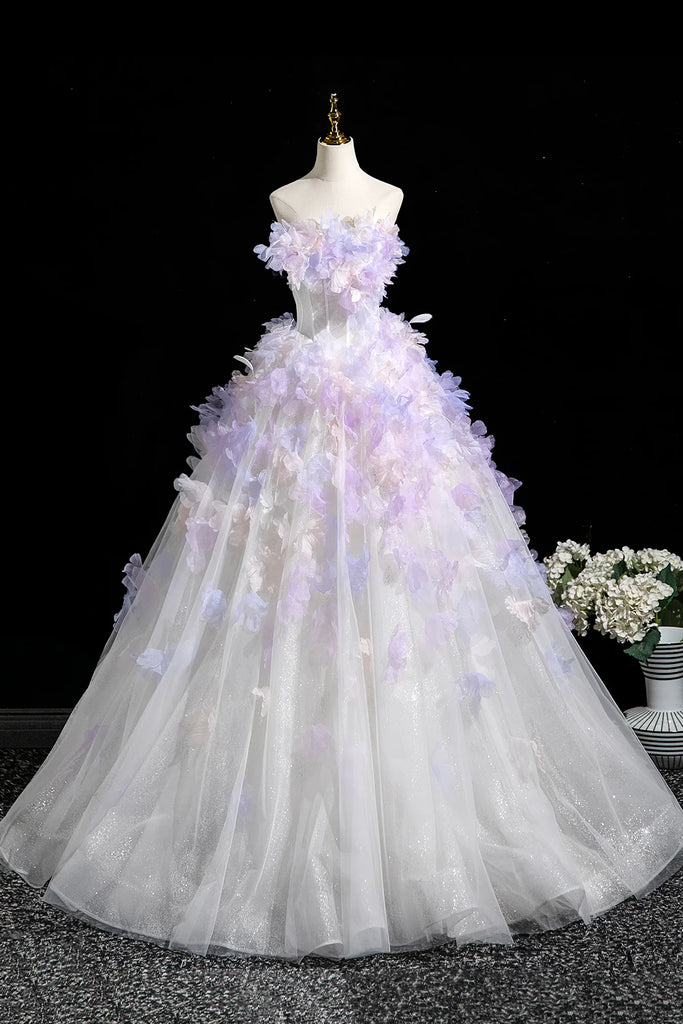 lavender flower prom dress White Tulle and Lavender Appliques Long Prom Dress, Beautiful Fairy Party Dress US 12 / White