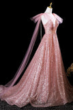 Tulle Sequins Pink Scoop A-Line Sparkle Prom Dress