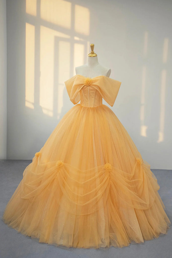 yellow off the shoulder prom dress 2026 A-Line Yellow Off The Shoulder Satin Prom Dresses