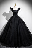 Black A Line Tulle Long Puffy Sleeves Prom Dress