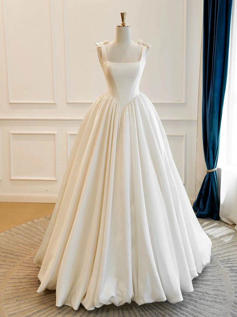 Satin Ivory Straps Bow A Line Sleeveless Wedding Dress US4 / Ivory Satin Ivory Straps Bow A Line Sleeveless Wedding Dress US4 / Ivory