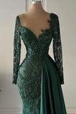 Long Dark Green V-neck Lace Long Sleeves Mermaid Prom Dress