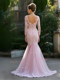Long Sleeve Tumpet Mermaid Pink Lace Prom Dress