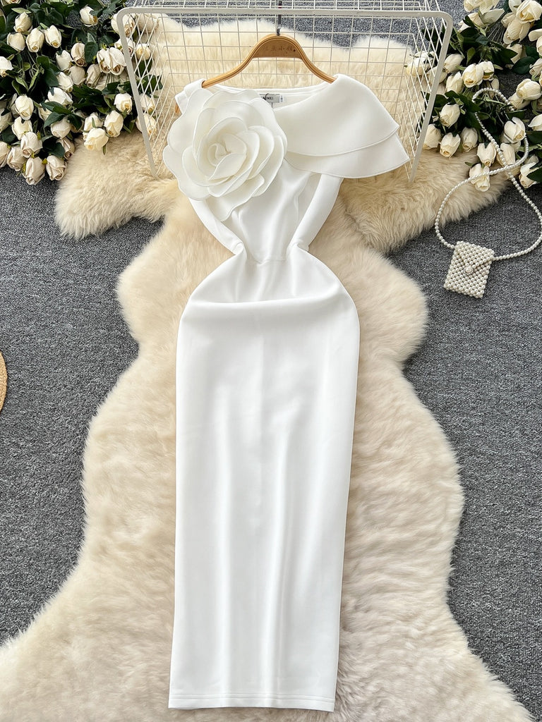 One Shoulder White Floral Embellishment Bodycon Dress L One Shoulder White Floral Embellishment Bodycon Dress L