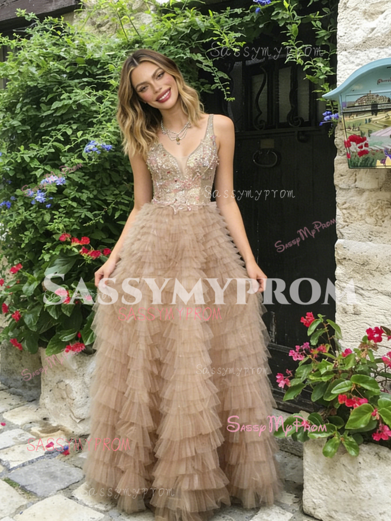 V Neck Layers Champagne Tulle Beading A Line Prom Dress – Sassymyprom