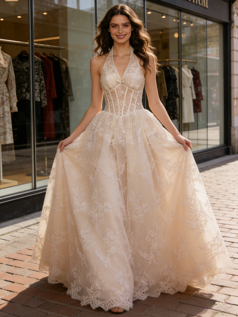 Halter Champagne Lace A Line Wedding Dress US12 / As the picture