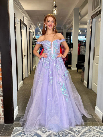 Embellished Lavender Off-Shoulder A Line Prom Dress