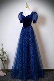 Blue Velvet & Tulle Sequins A Line Prom Dress